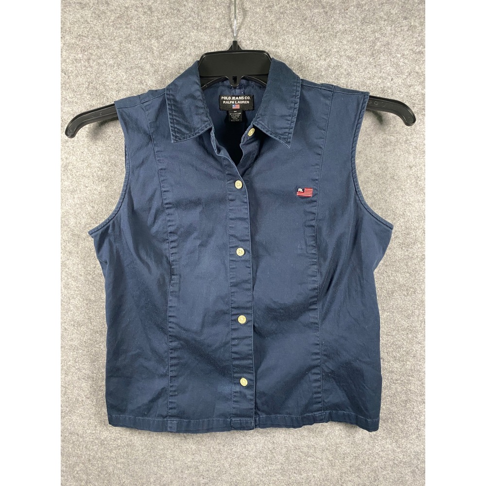 Polo Jeans Co Ralph Lauren Womens Navy Blue Sleeveless Button Down Shirt Size M